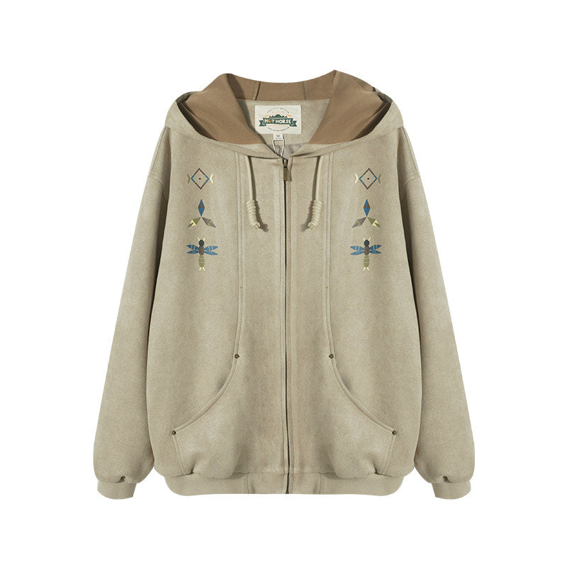 スエードタッチ 刺繍フーディ ジップアップ N6473