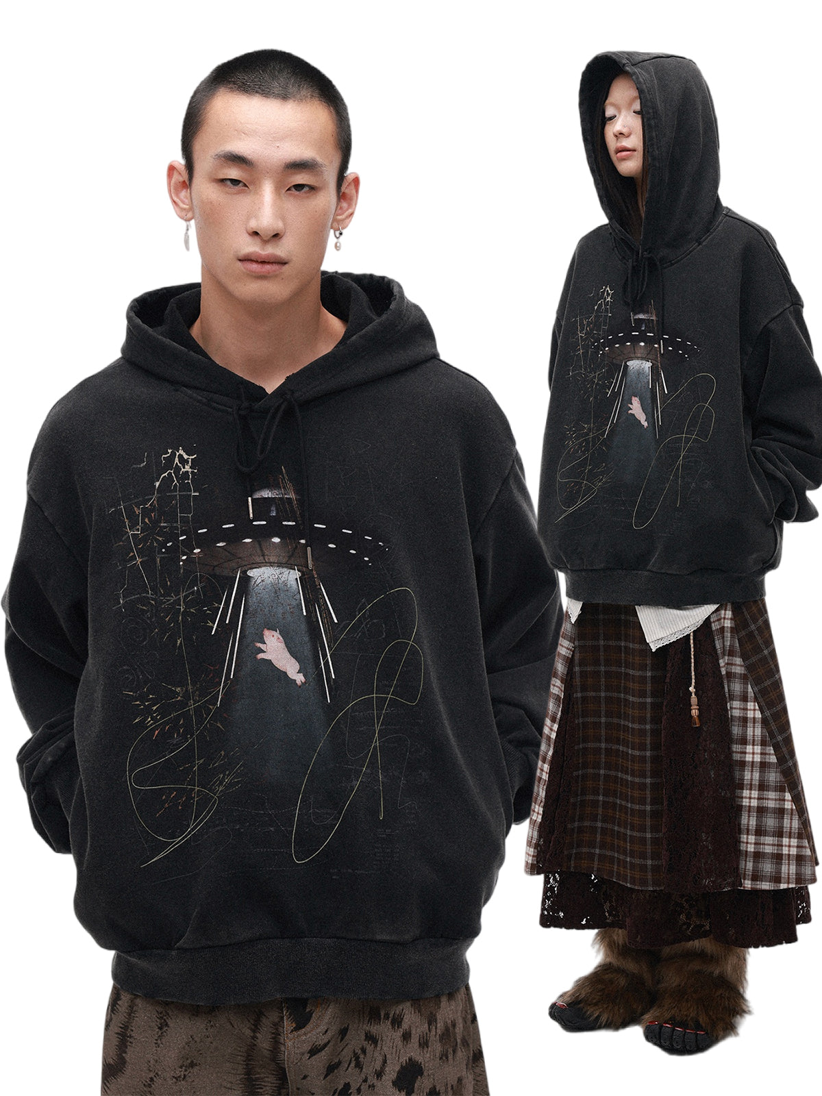 銀箔×グラフィック “ピッグ” ウォッシュフーディ N6262