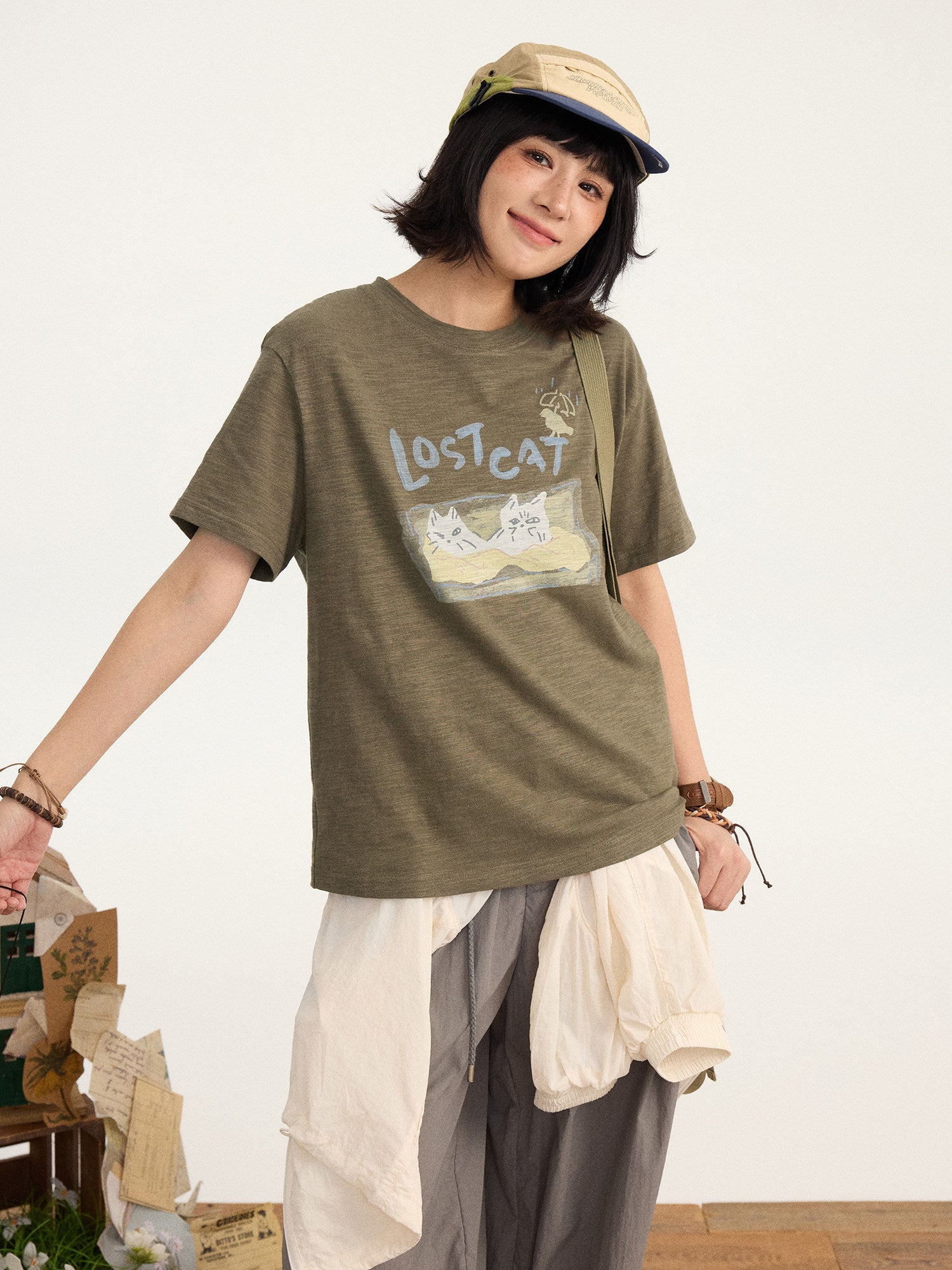LOST CAT スラブコットン デジタルプリント Tシャツ N6996
