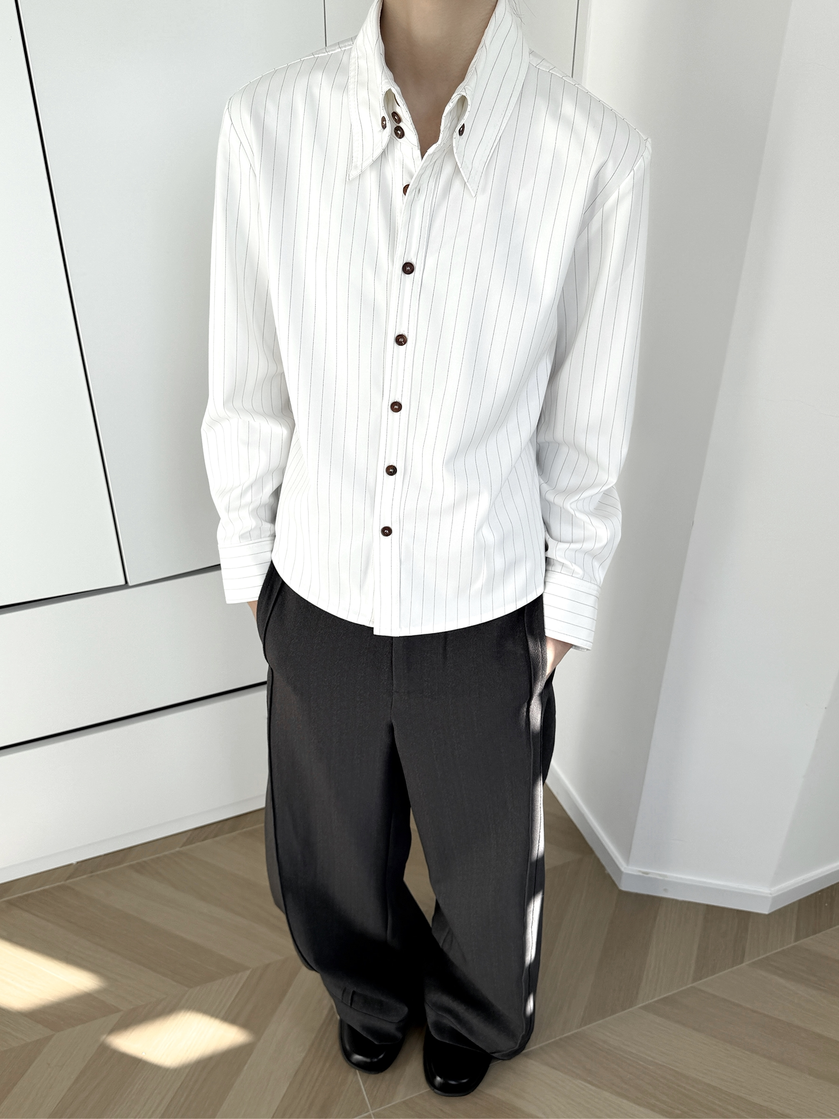 シャープカラー ストライプ 正肩フィットシャツ N6536