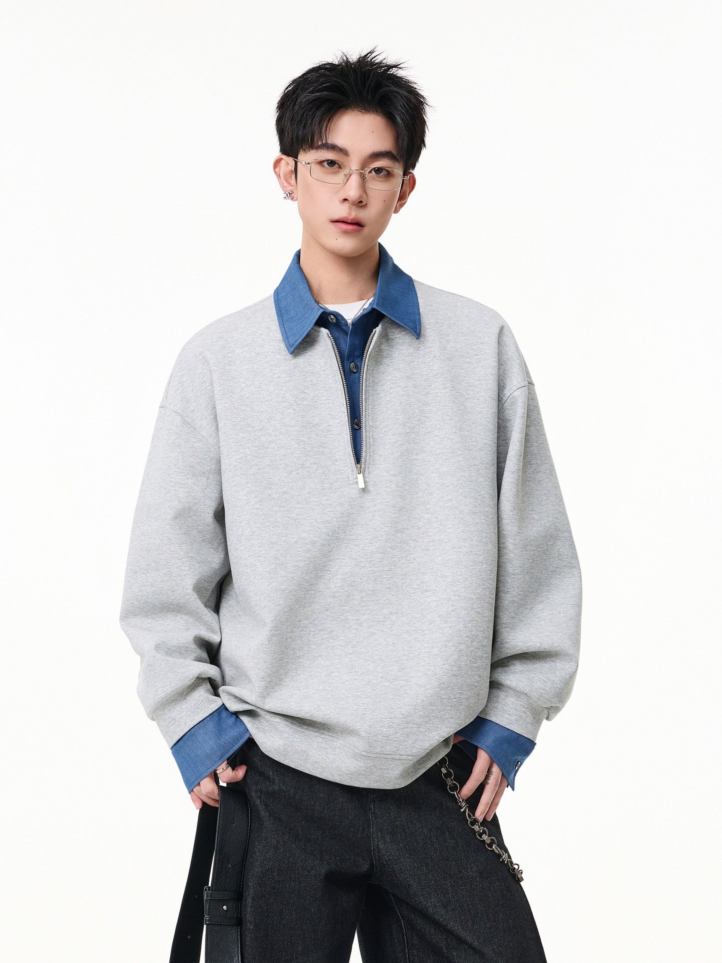 デニム切替 フェイクレイヤード ポロスウェット N6807