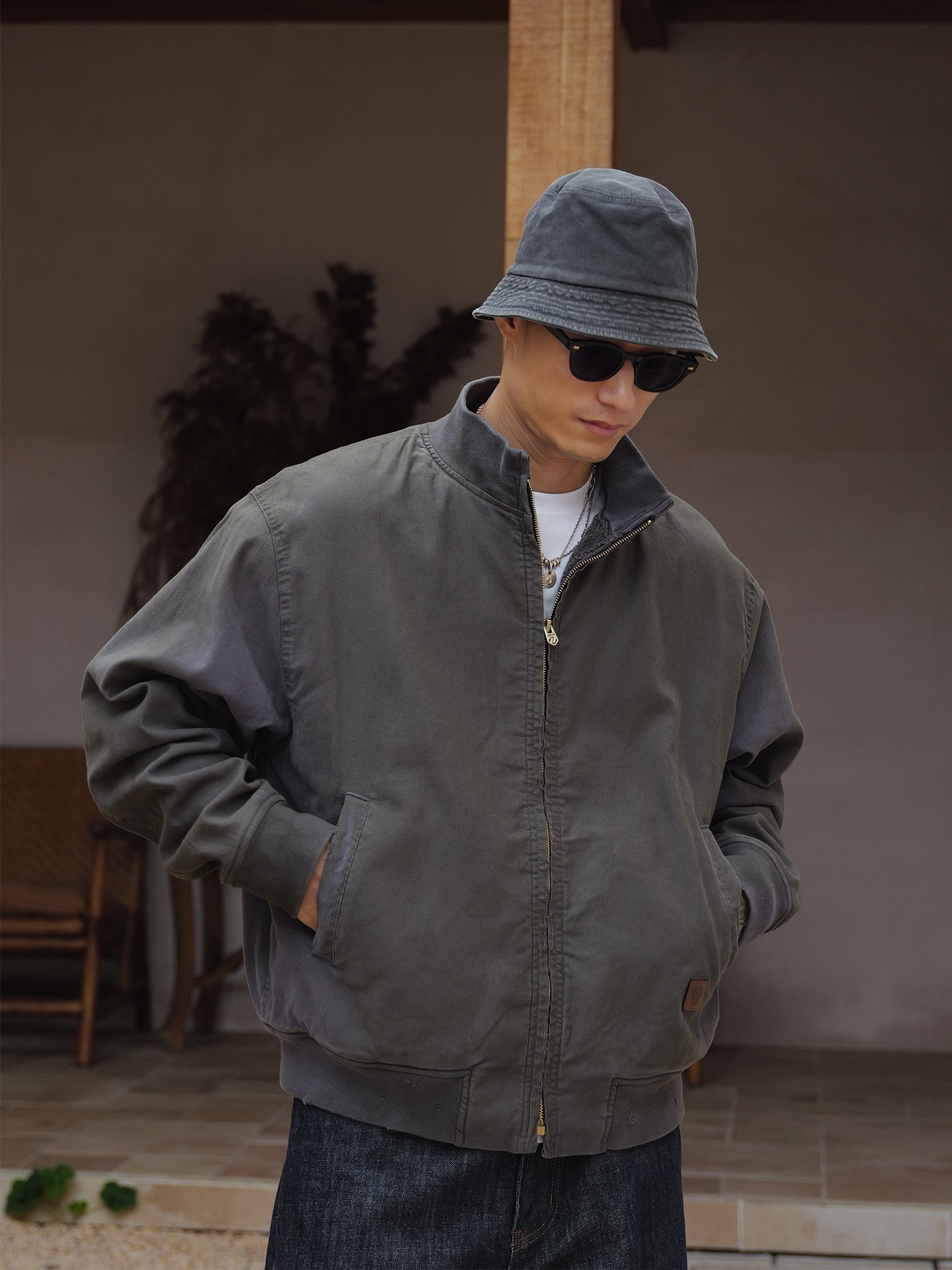 スプレーダイ&ダメージ加工・裏起毛・スタンドカラーブルゾン N6221