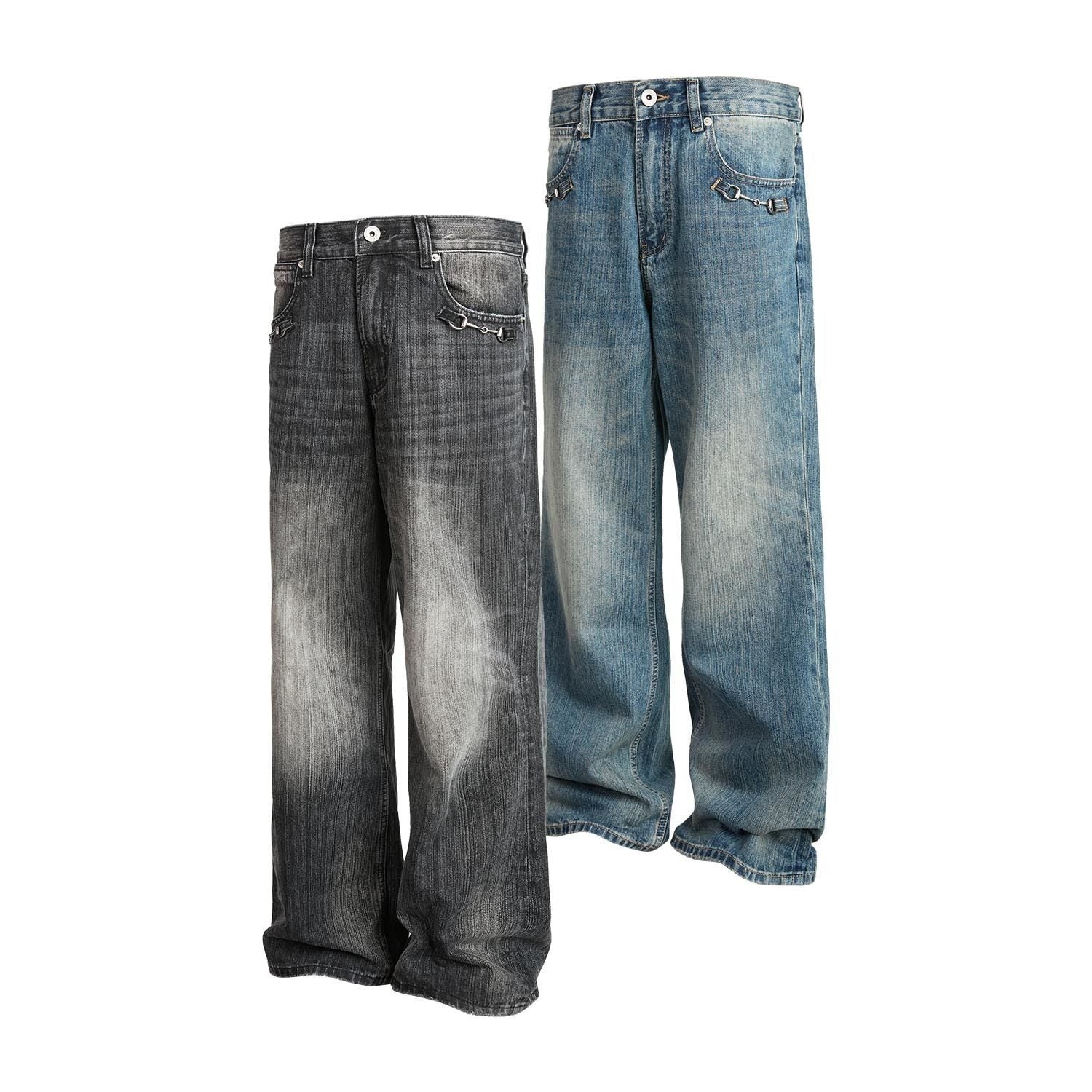 シルバーチェーン付き ヴィンテージウォッシュ デニムパンツ N6465