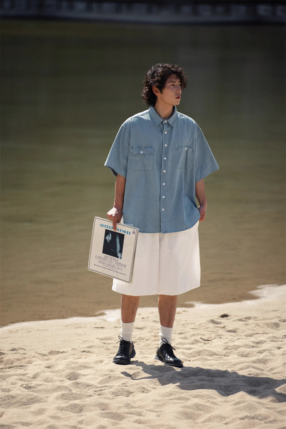 Distressed denim short sleeve shirt N5524