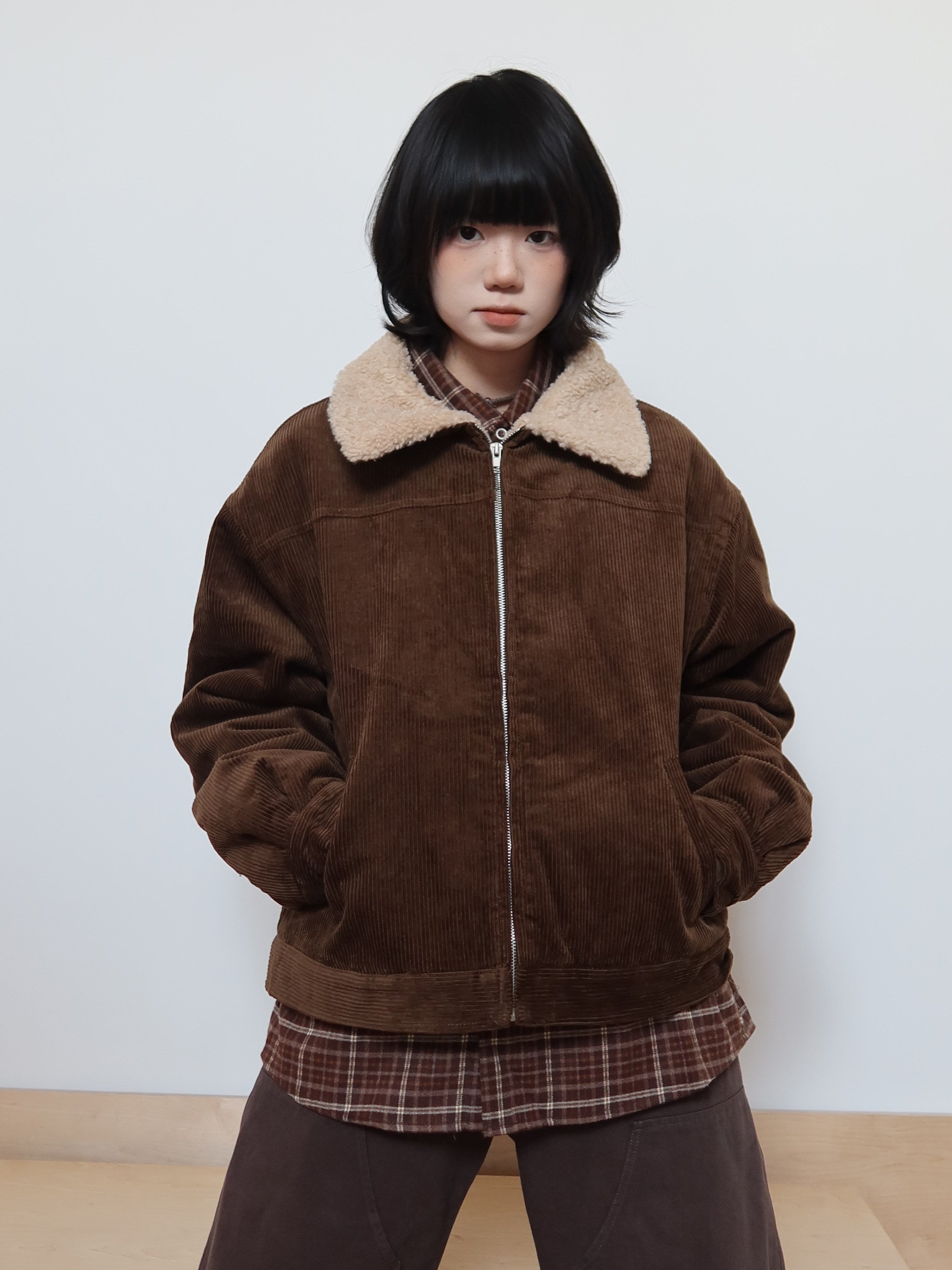 メラード調 コーデュロイ×ボア 襟付き中綿ジャケット N6372