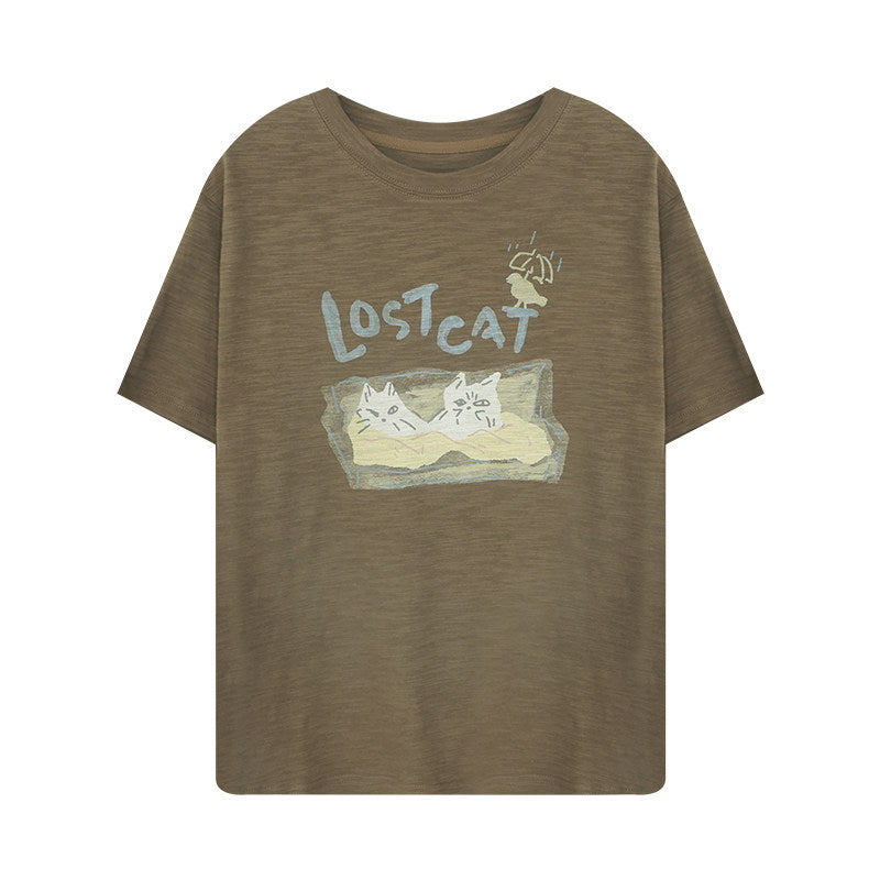 LOST CAT スラブコットン デジタルプリント Tシャツ N6996