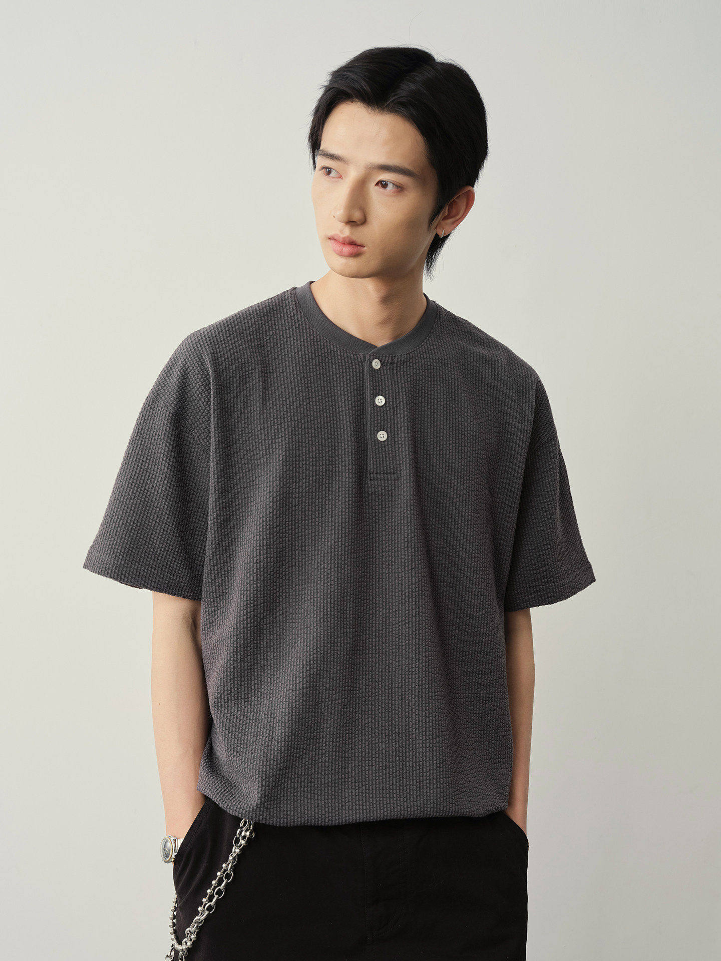 ワッフル地 ヘンリーネック 裾ドロスト Tシャツ N6981