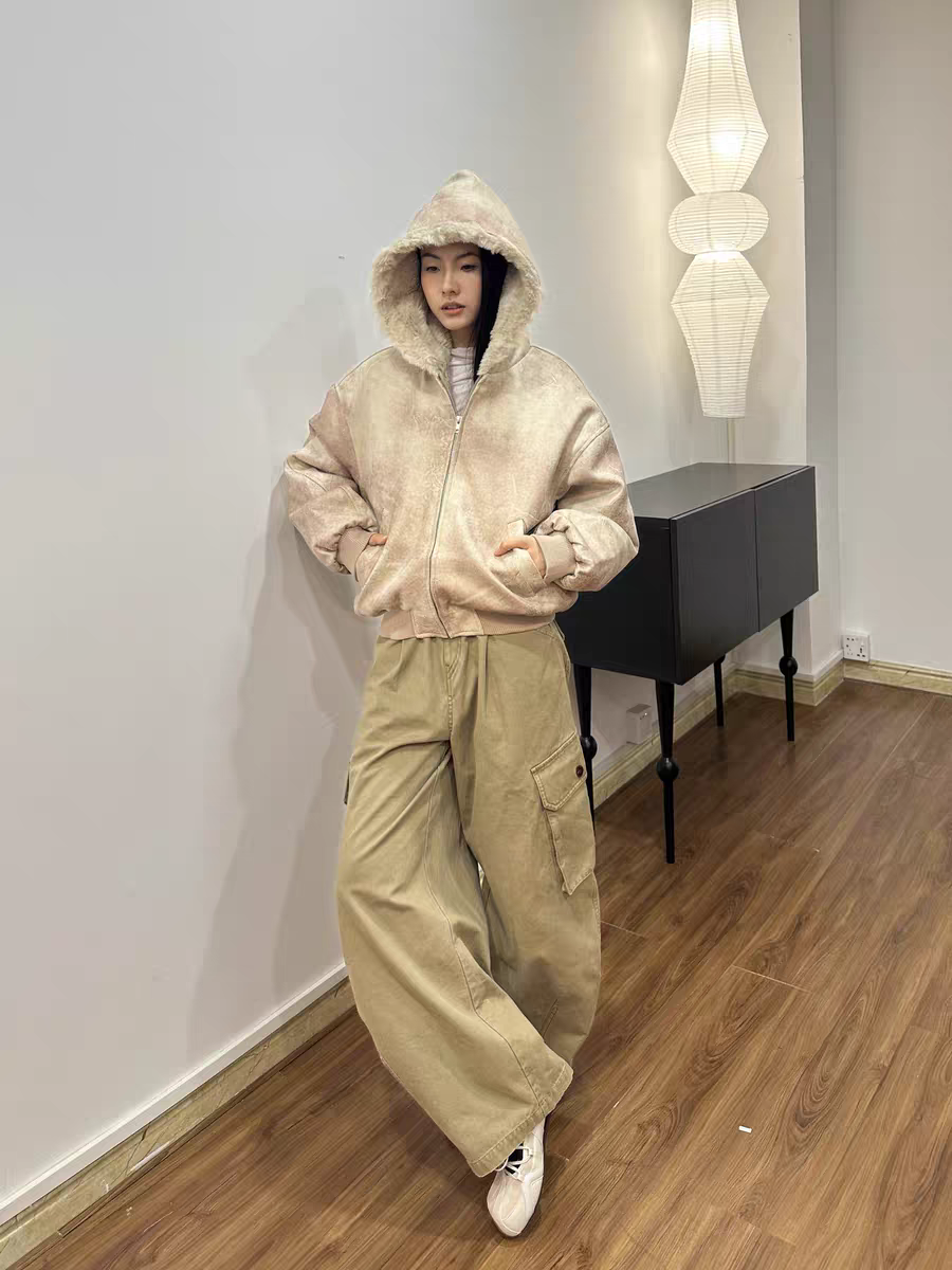 1500Gミンク風ボア・クラックドPUレザー・フーデッドコート N6249