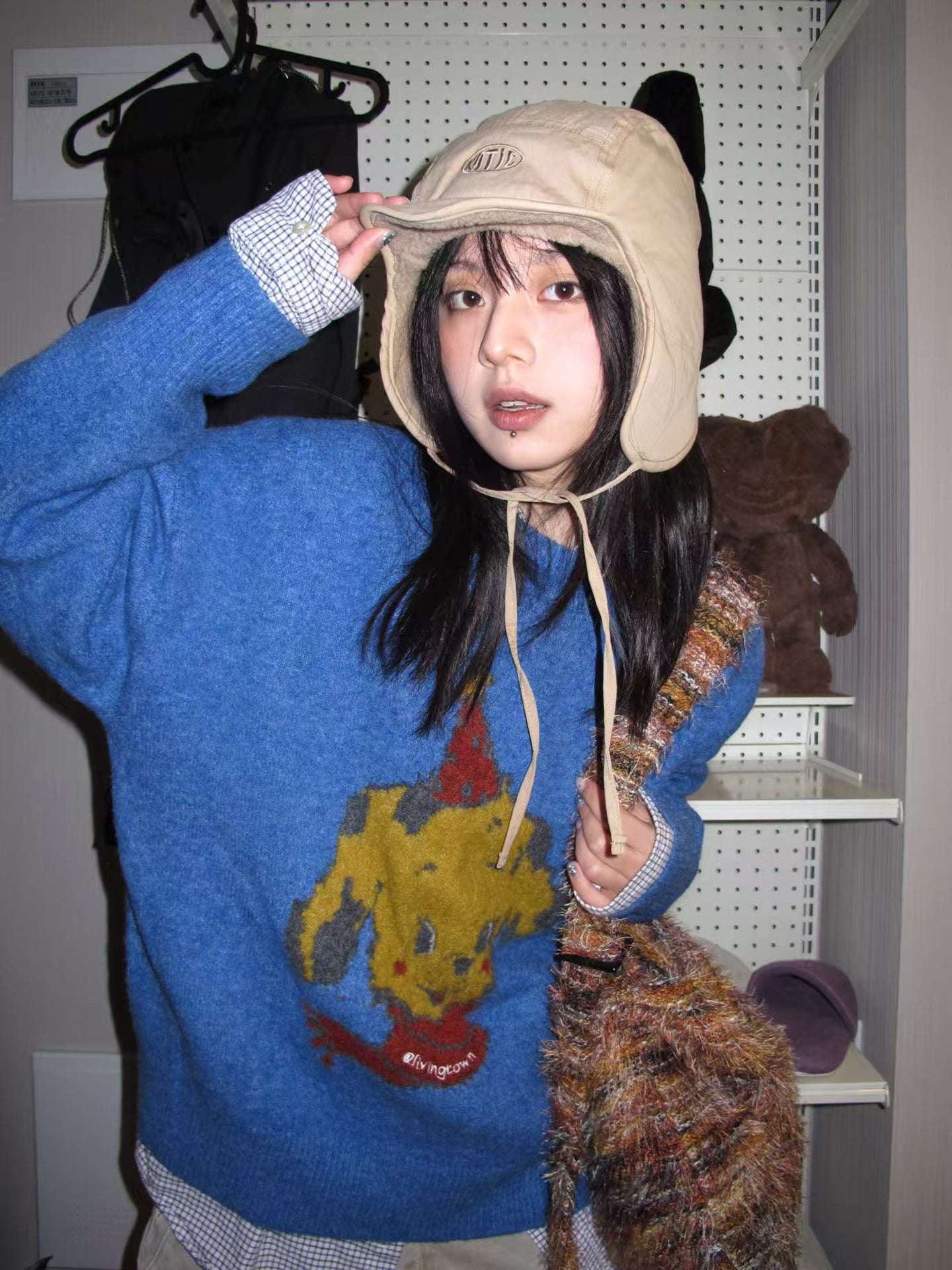 レトロ犬グラフィック ルーズフィットニットセーター N6278