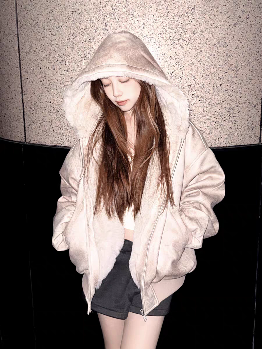 1500Gミンク風ボア・クラックドPUレザー・フーデッドコート N6249