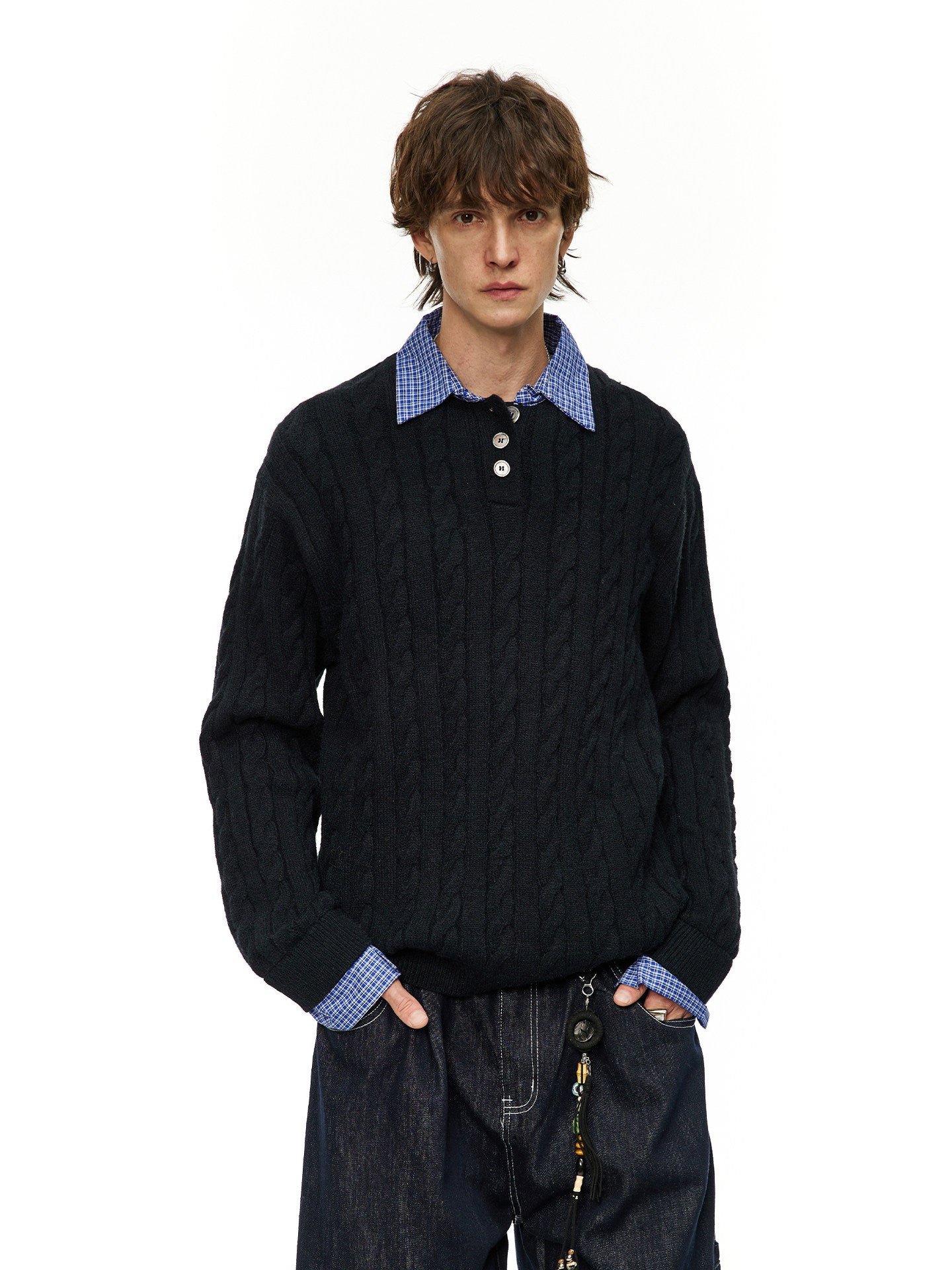 ケーブル編み レイヤードPOLOニット N6636