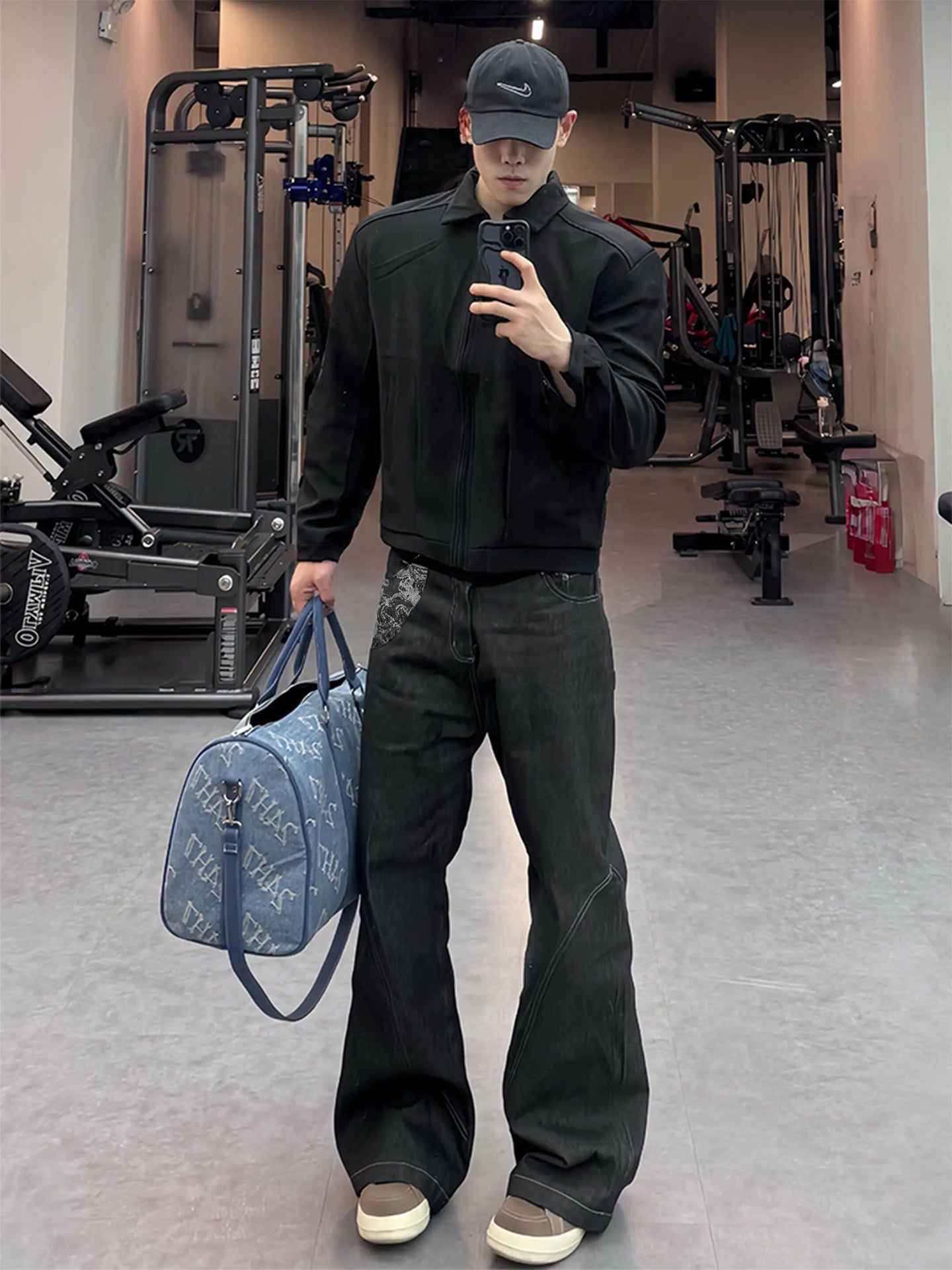 刺繍入り ロービーストレート フレアブラックデニム N6848