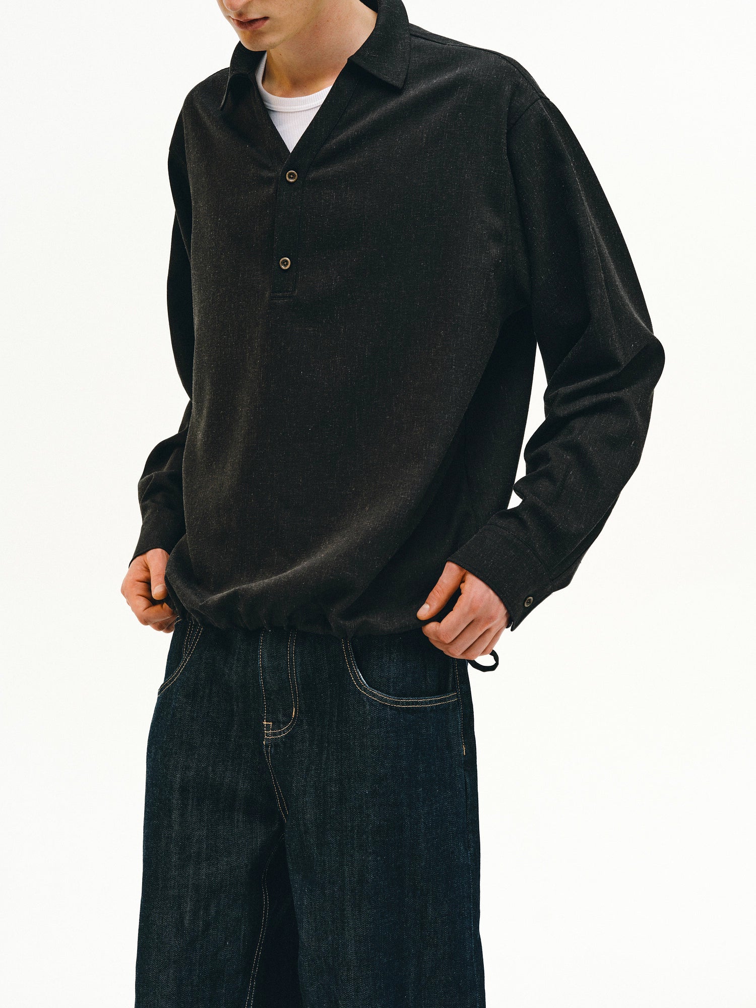 ドローストリング リネンブレンド プルオーバー ポロシャツ/ polo shirt N5596