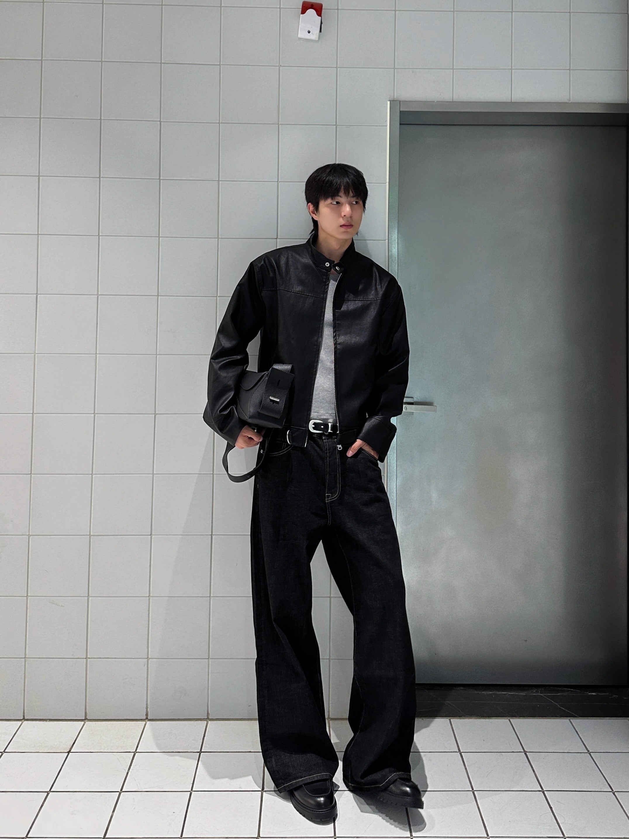 クラックドPUレザー・スリムフィット・ライダースジャケット N6148