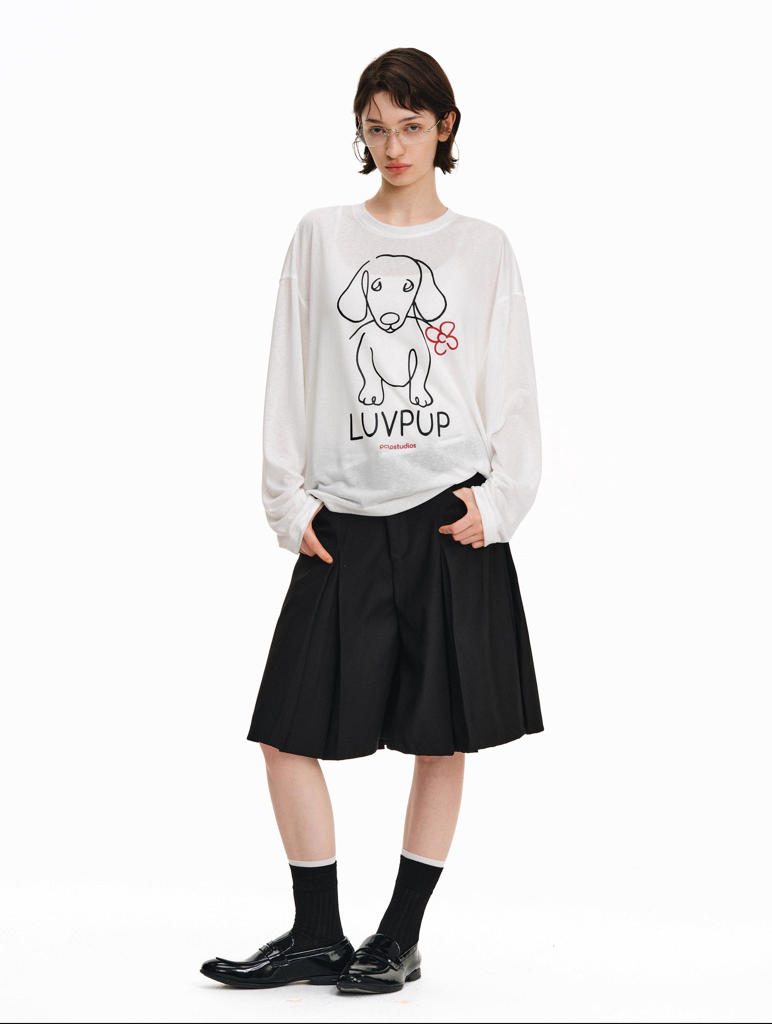 ラインアート・ドッグ グラフィック ロンT / Flower dog print T-shirt N5607