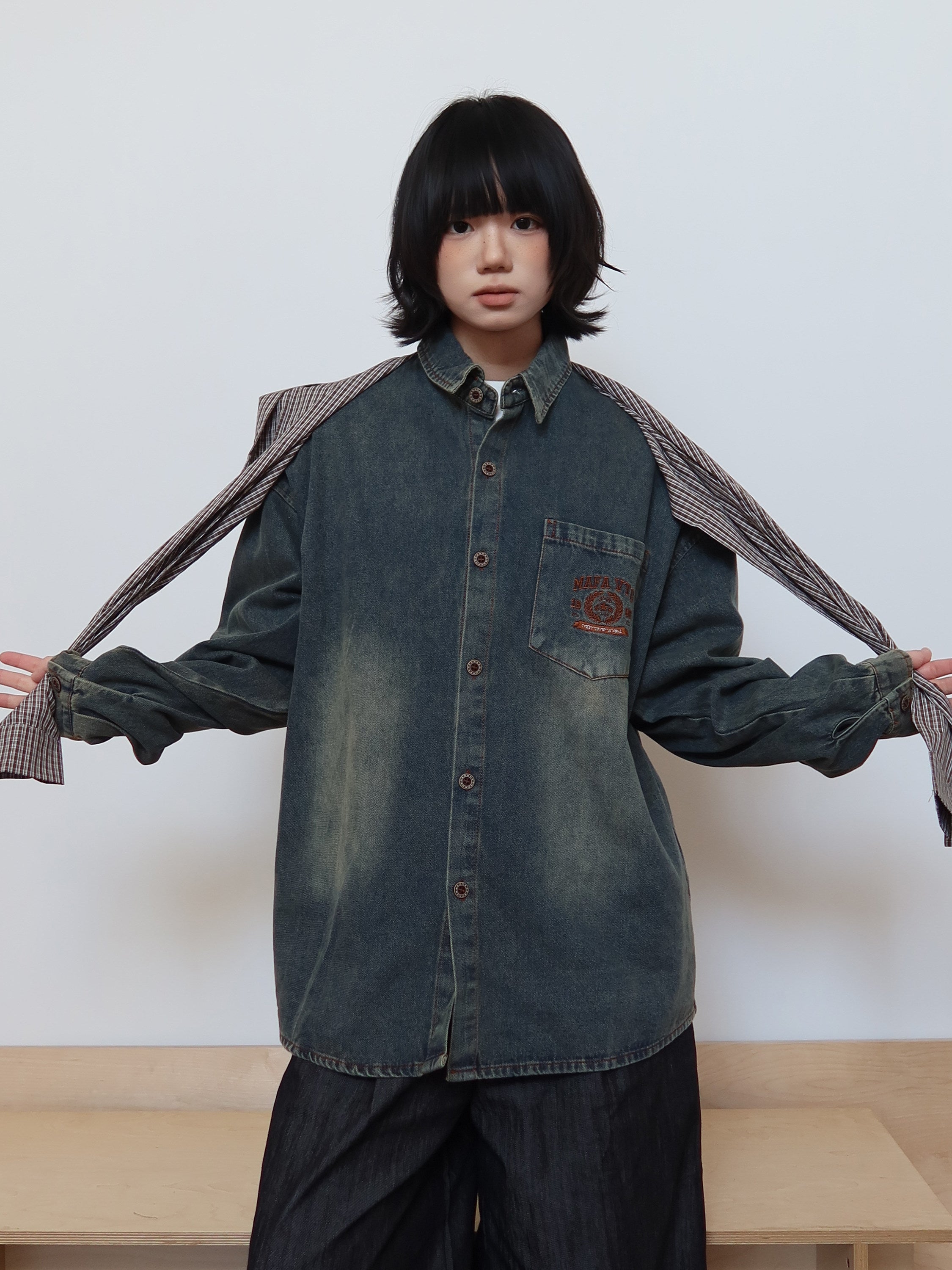 レイヤード風 ヴィンテージ加工 デニムシャツ N6376