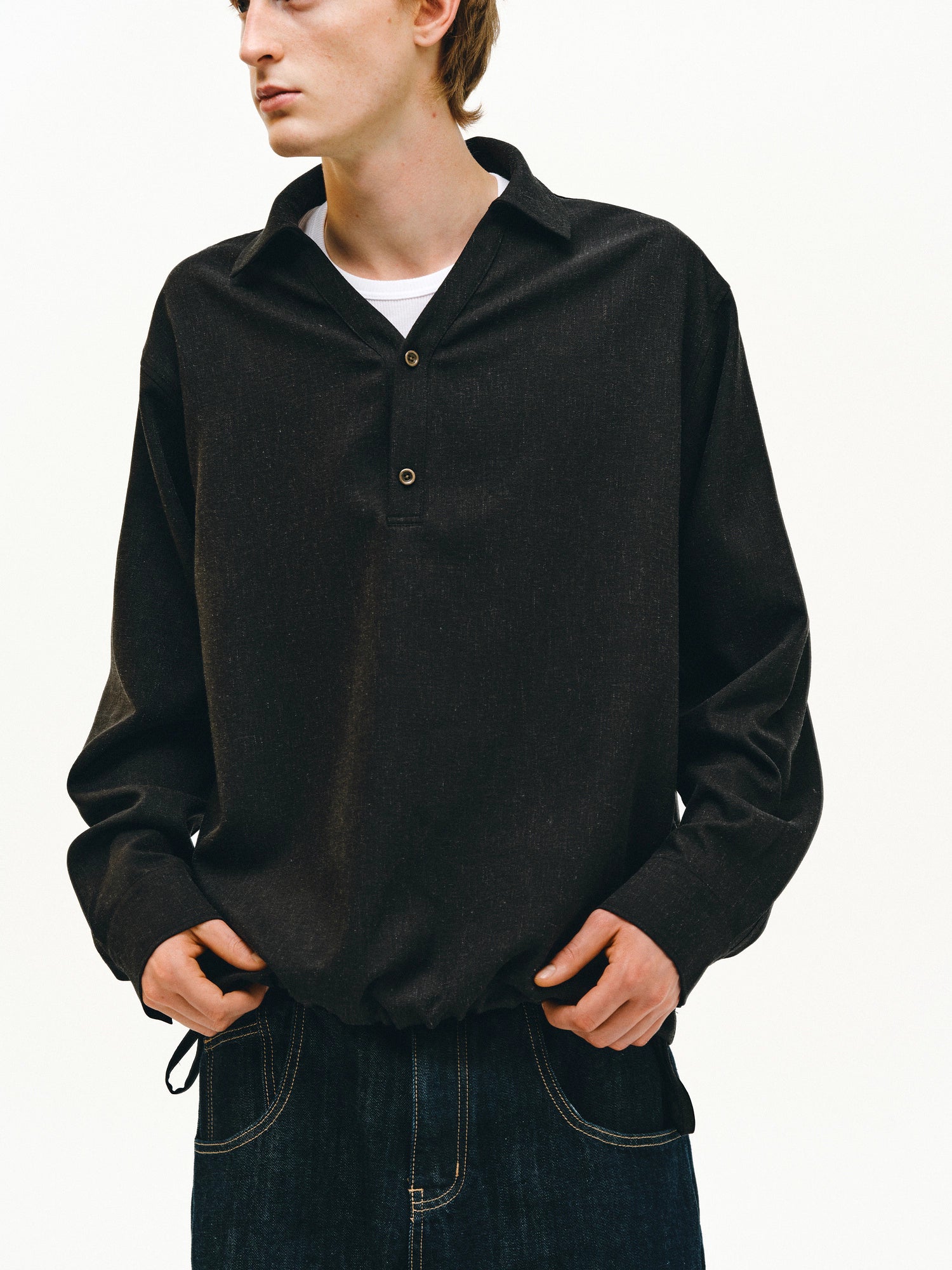 ドローストリング リネンブレンド プルオーバー ポロシャツ/ polo shirt N5596