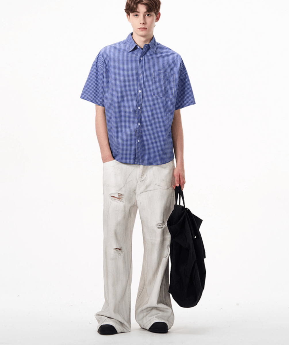 ブルーチェックシャツ コットン / Blue Check Shirt N5525 - ファッション通販NNine(ナイン)