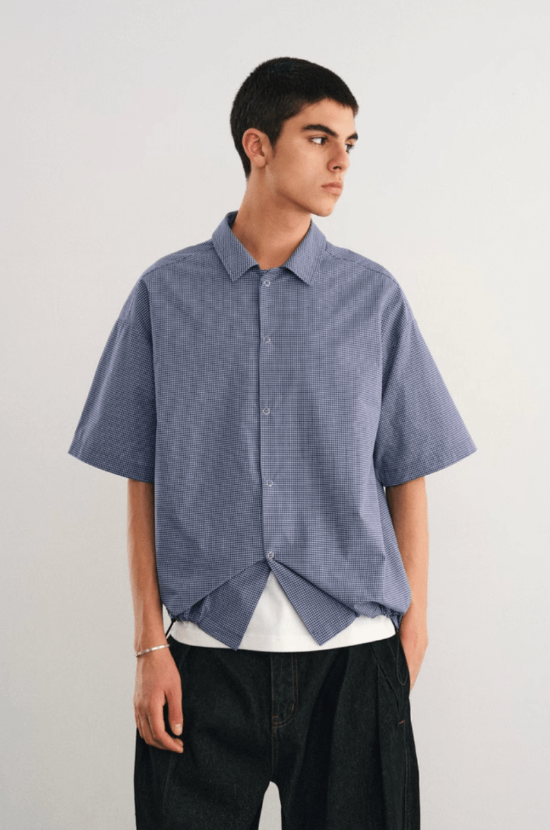 Don't Worry 半袖シャツ メンズ Check Shirt w/ Drawcord / チェックシャツ 半袖 裾ドローコード