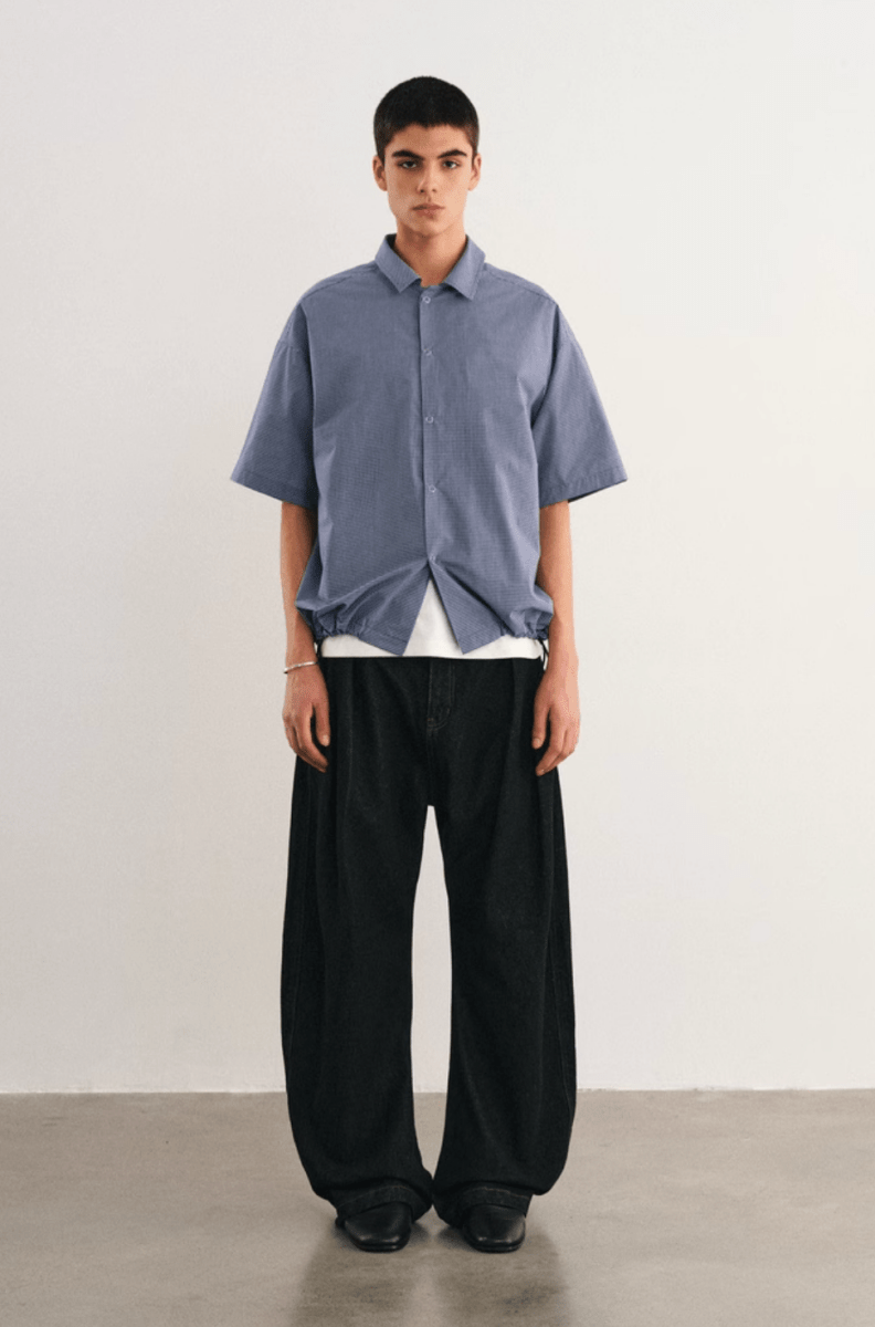 Check Shirt w/ Drawcord / チェックシャツ 半袖 裾ドローコード ストリート N5235