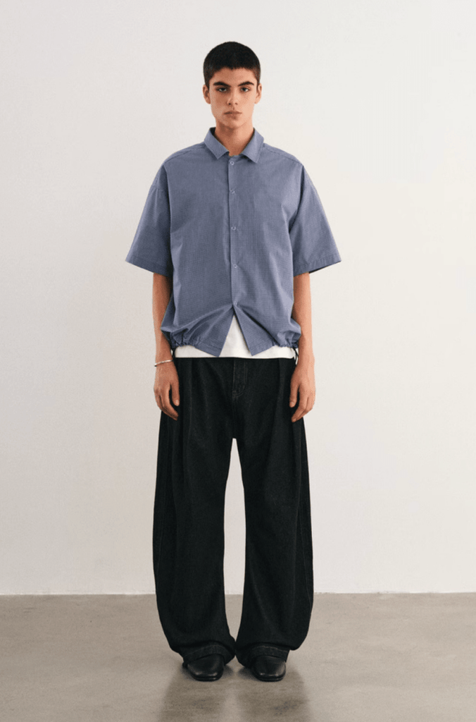 Check Shirt w/ Drawcord / チェックシャツ 半袖 裾ドローコード ストリート N5235