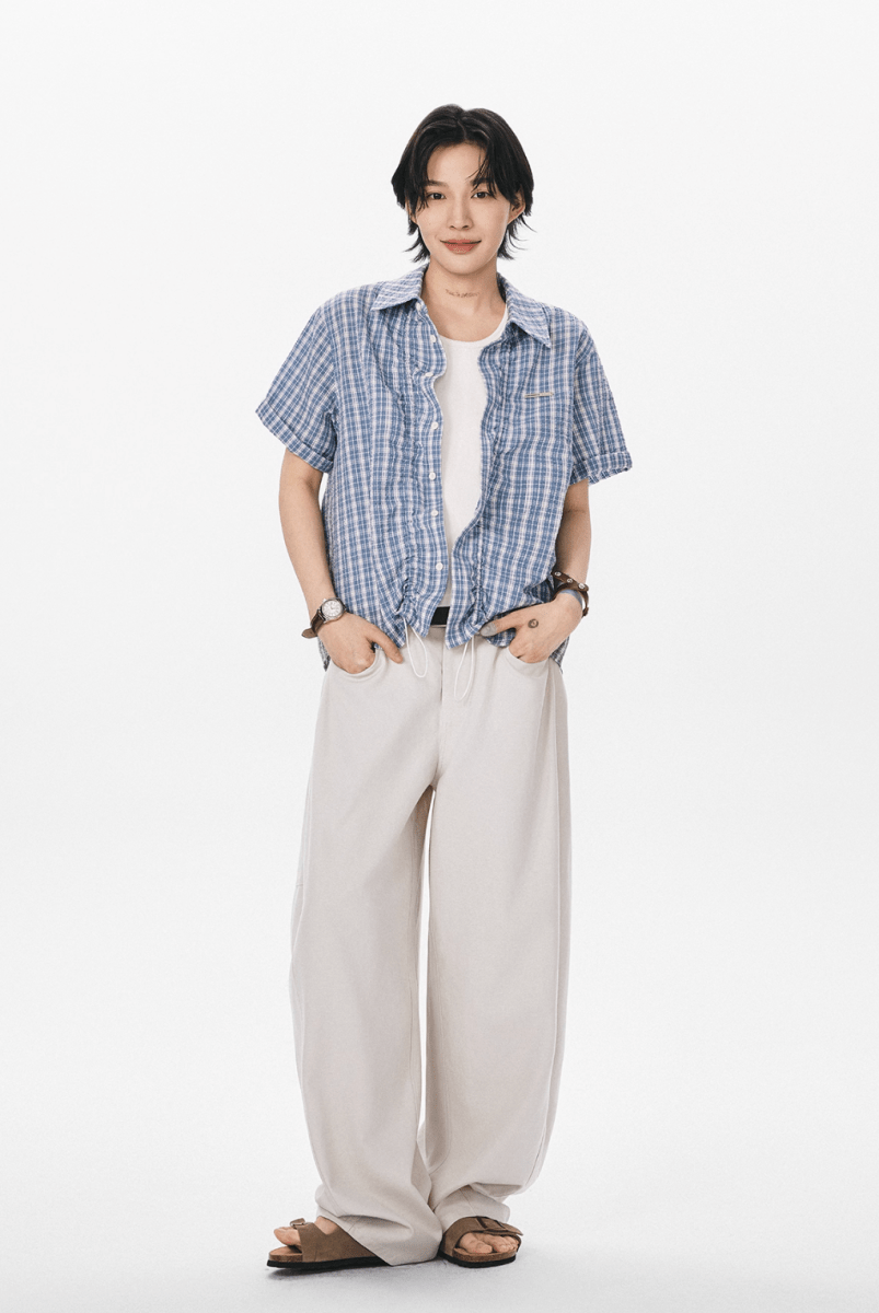 裾ドローコード付き チェック柄 半袖シャツ / Checked Wrinkle Shirt N5598 - ファッション通販NNine(ナイン)