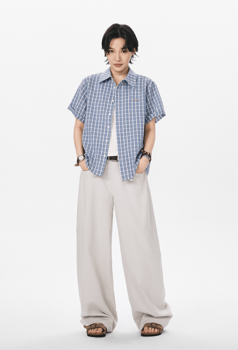 裾ドローコード付き チェック柄 半袖シャツ / Checked Wrinkle Shirt N5598 - ファッション通販NNine(ナイン)