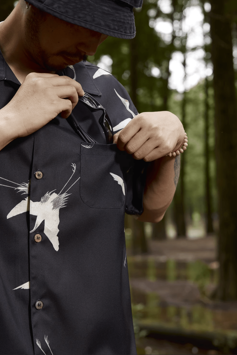 クレーンプリントオープンカラーシャツ メンズ レディース 鶴柄 開襟 / Crane Print Open Collar Shirt N5445 - メンズファッション通販 NNine(ナイン)