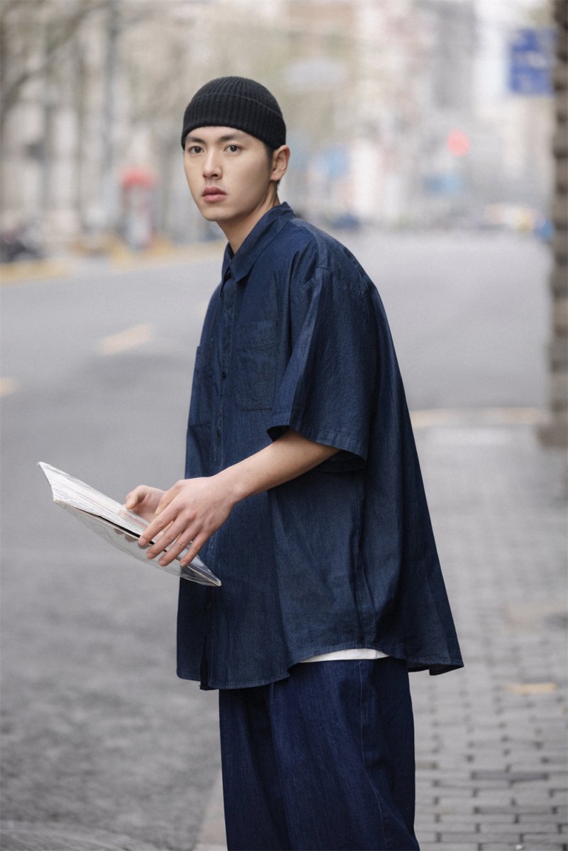 デニム切替カラー 半袖ワークシャツ ダブルポケット ボックス / Work Shirt N3696