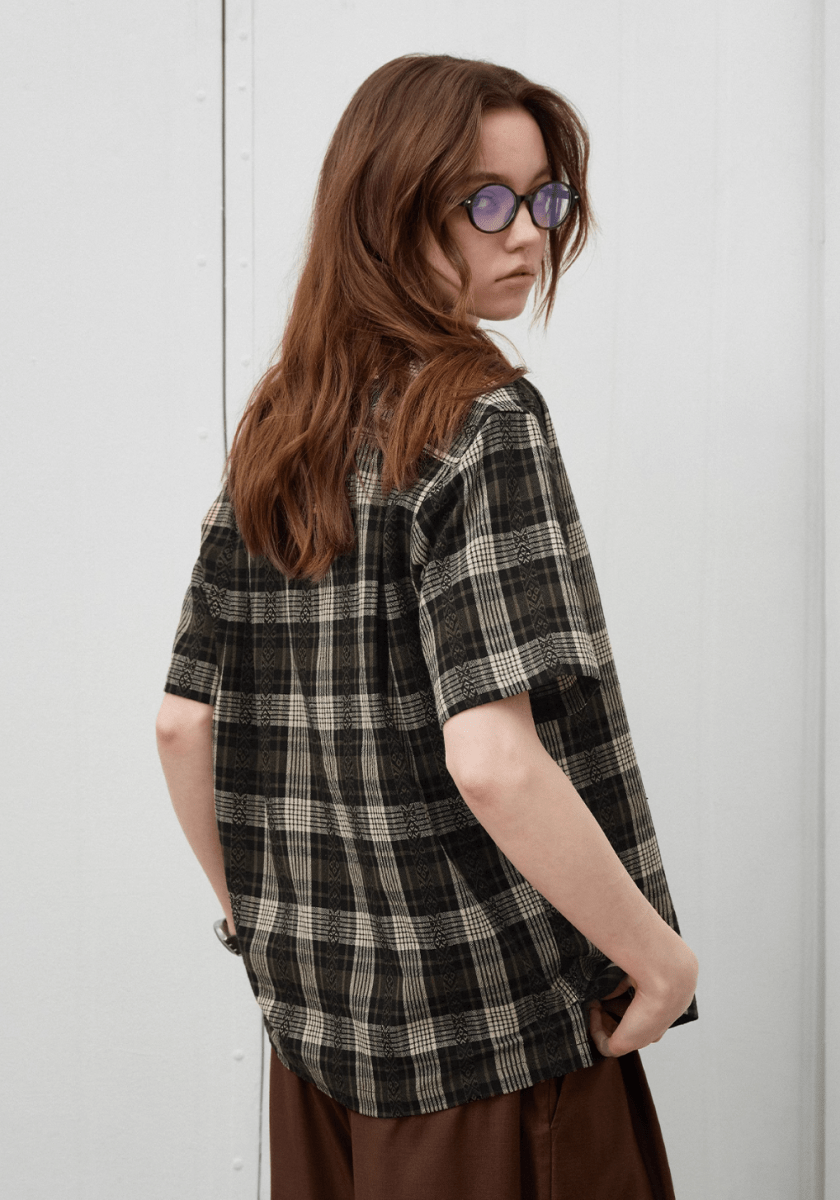 Jacquard Check Shirt / ジャカード チェック シャツ 半袖 開襟 レトロ N5292 - ファッション通販 NNine(ナイン)