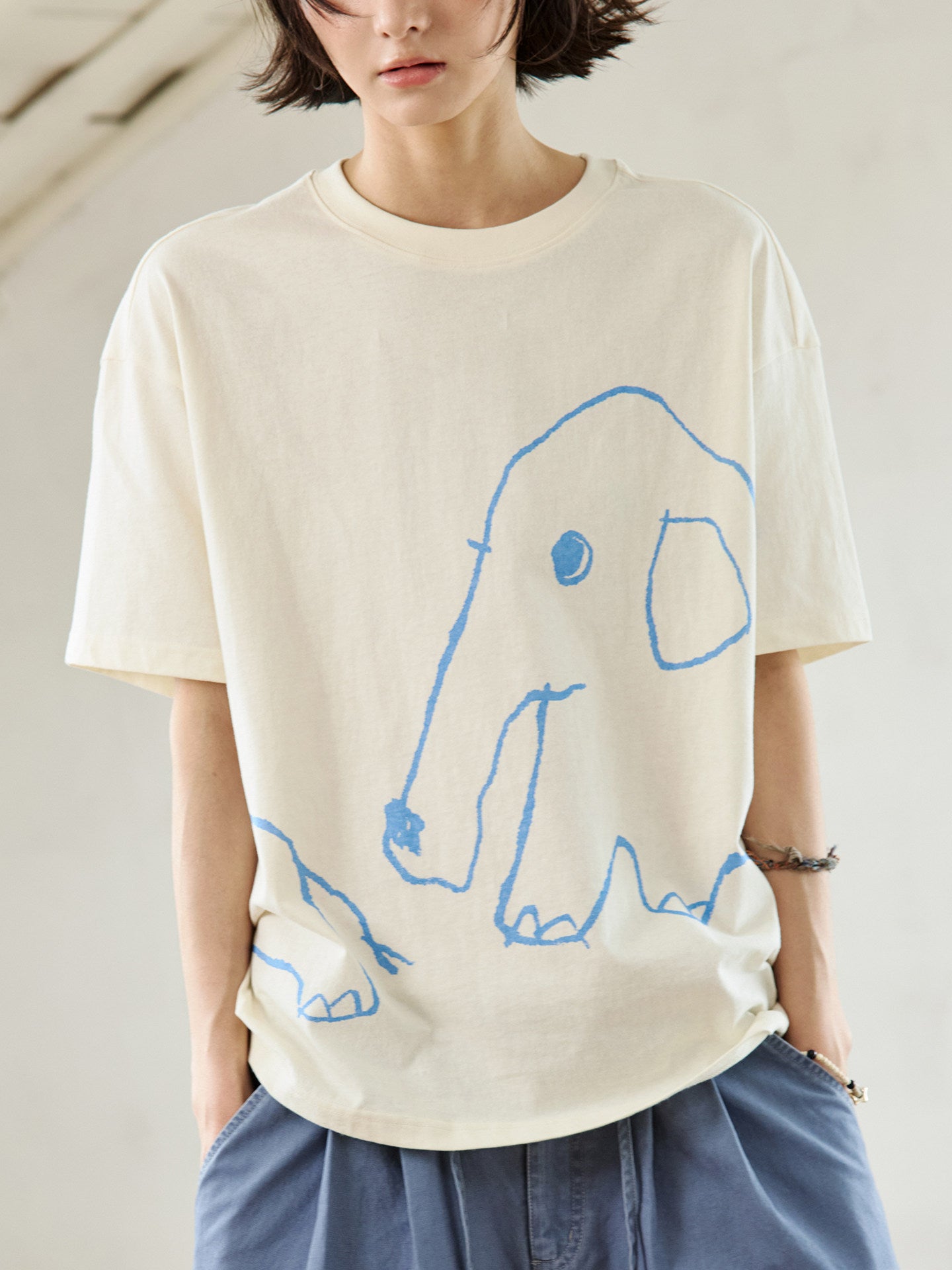 コットン手描きゾウ刺繍プリントTシャツ N7153