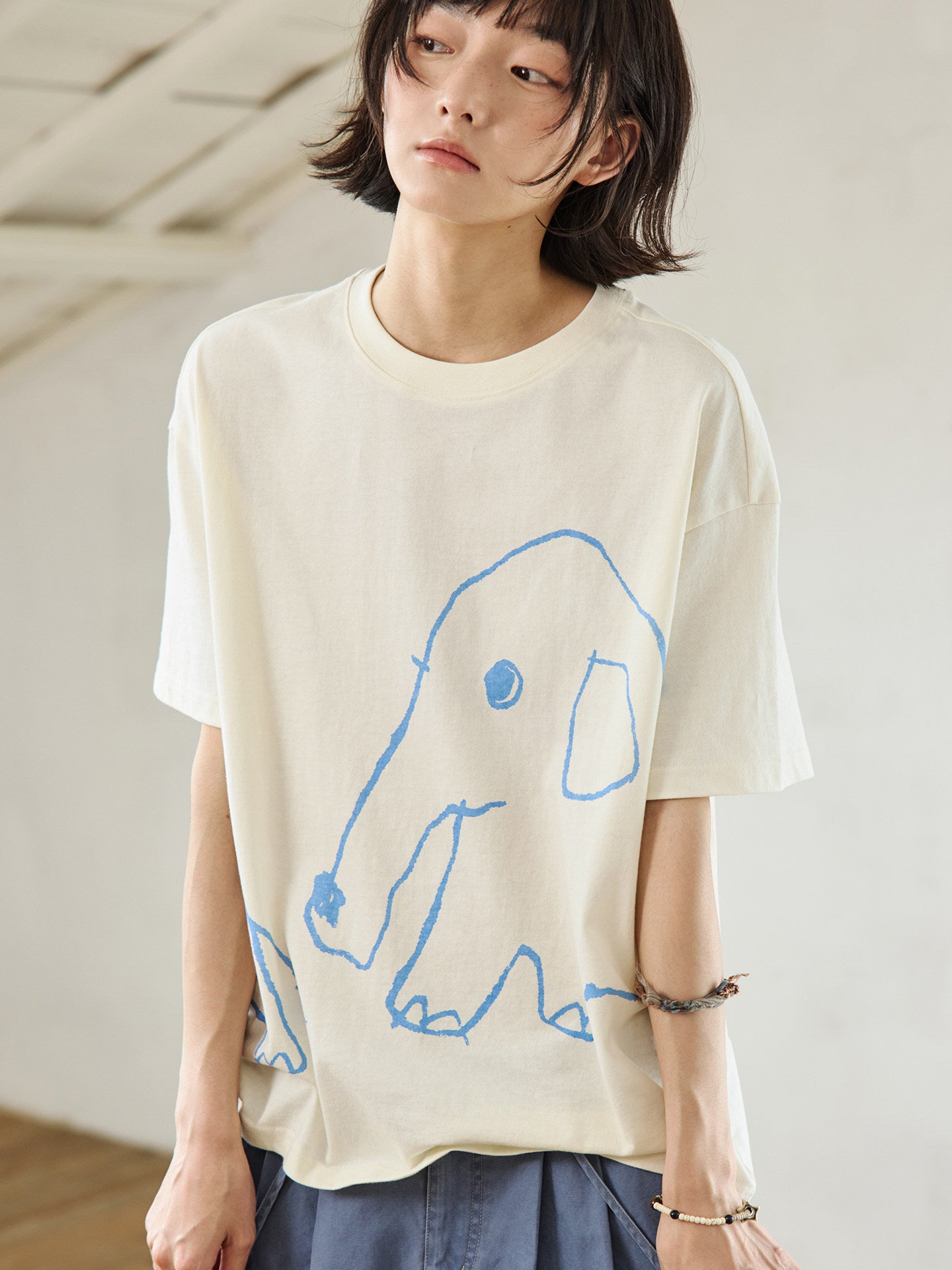Cotton hand-drawn elephant embroidery print T-shirt N7153