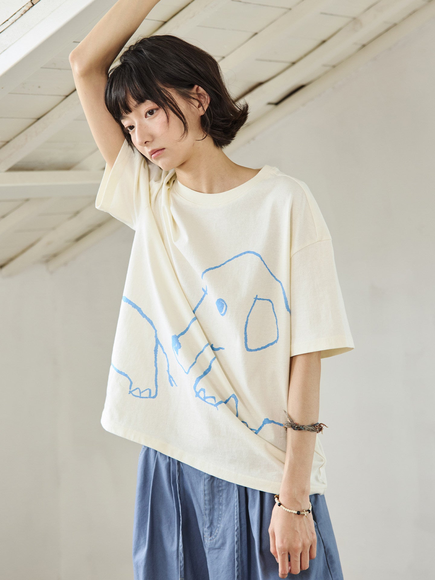 Cotton hand-drawn elephant embroidery print T-shirt N7153