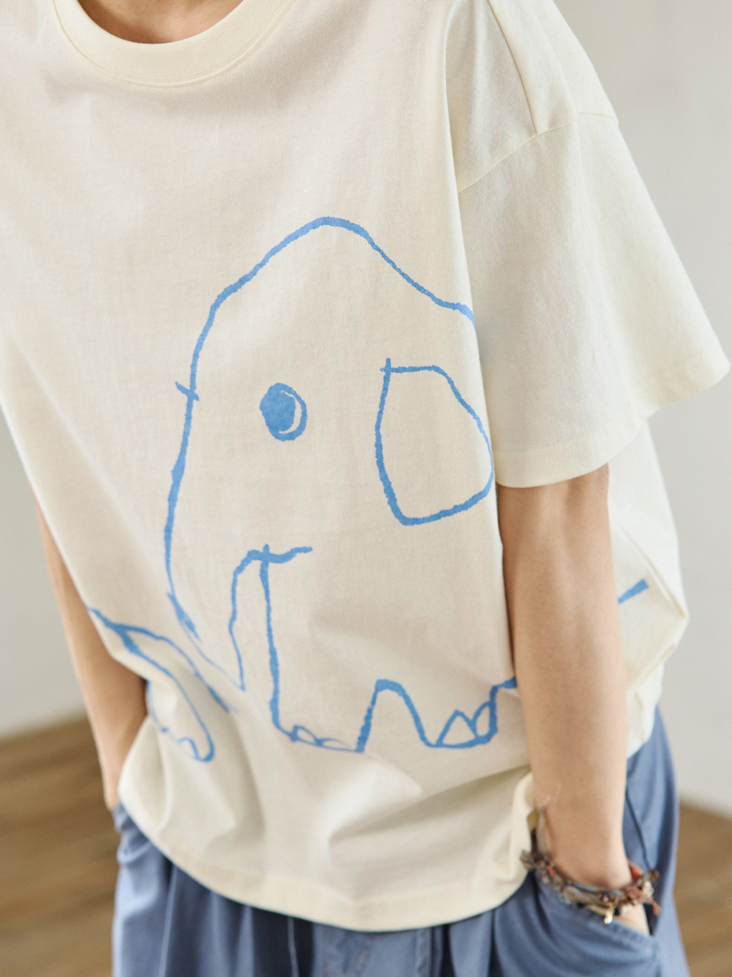 Cotton hand-drawn elephant embroidery print T-shirt N7153