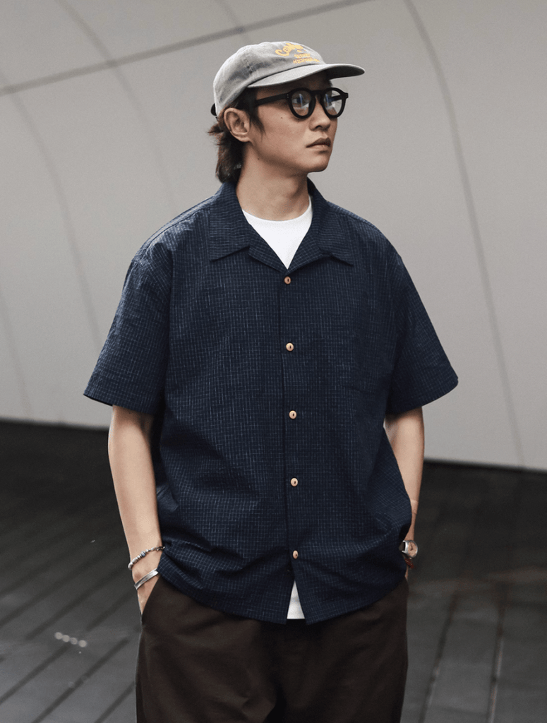 【個性派チェック柄】メンズ 半袖 オープンカラーシャツ ペイント風 春夏 | PAINT LINE CHECK SHIRT N5388
