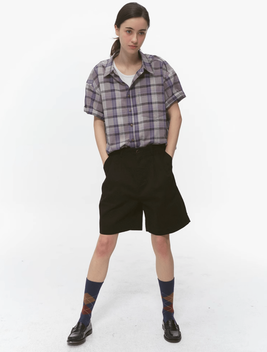 パープルチェック半袖シャツ オーバーサイズ / Purple Check Shirt N5537 - ファッション通販NNine(ナイン)