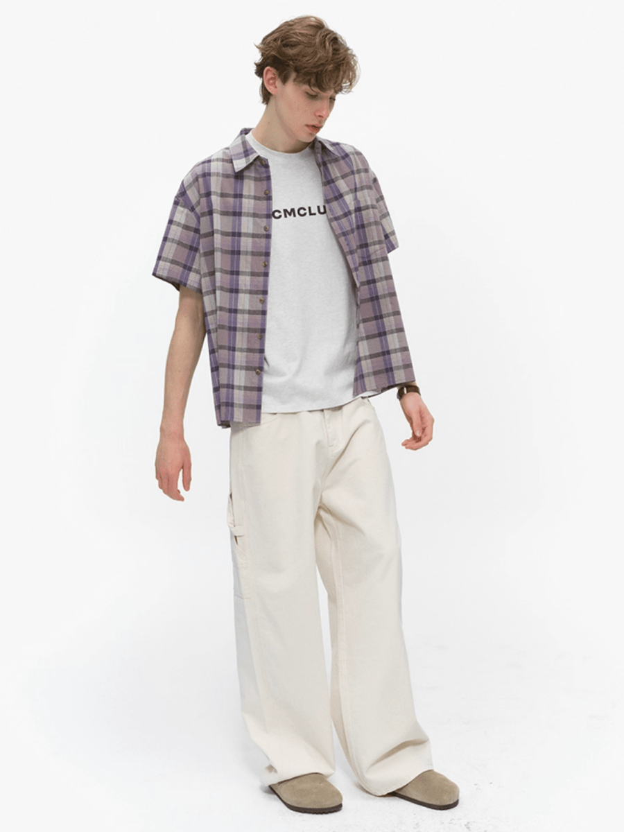 パープルチェック半袖シャツ オーバーサイズ / Purple Check Shirt N5537 - ファッション通販NNine(ナイン)
