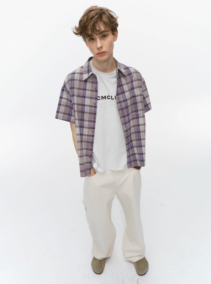 パープルチェック半袖シャツ オーバーサイズ / Purple Check Shirt N5537 - ファッション通販NNine(ナイン)