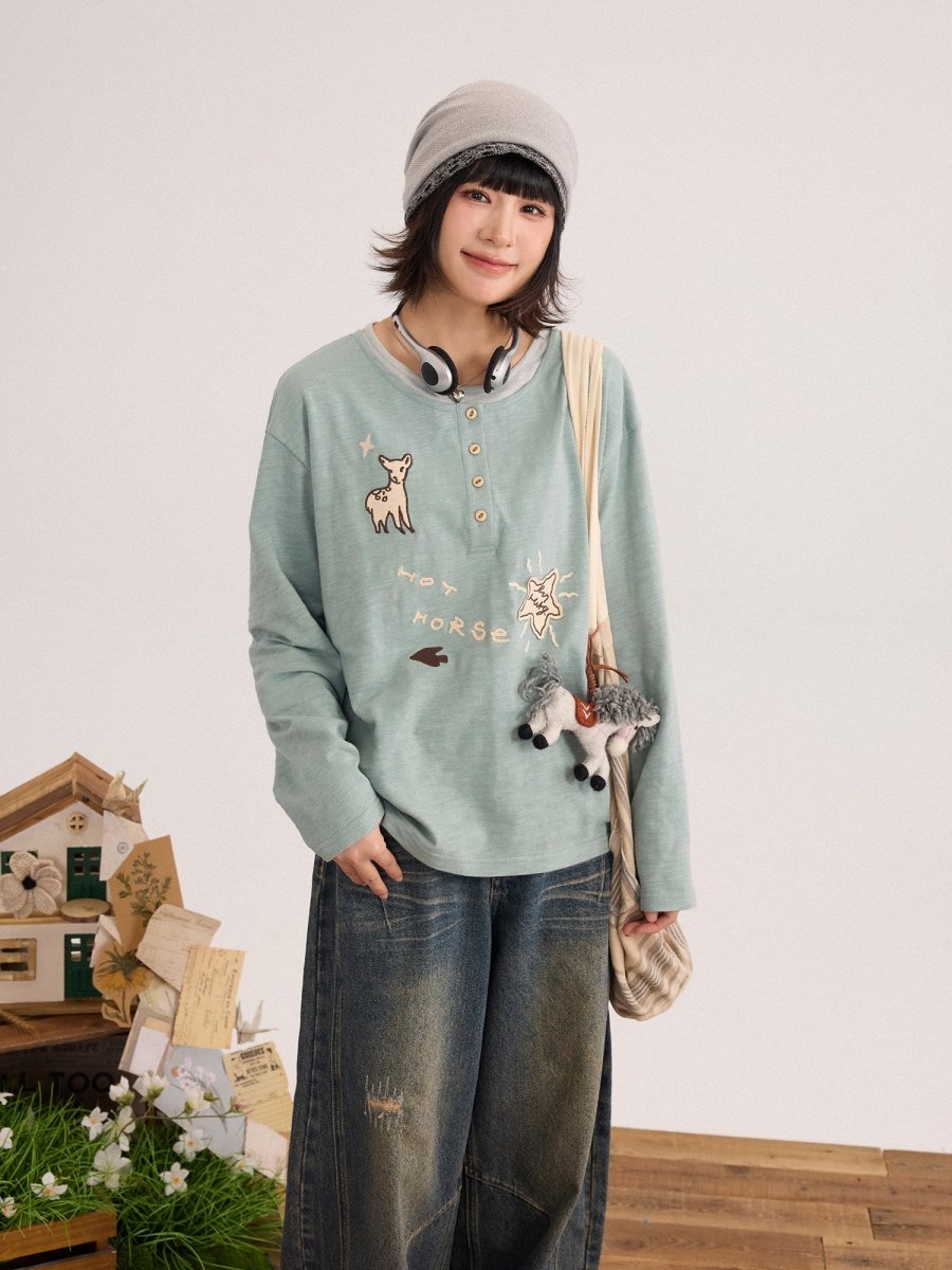 手描き刺繍 ヘンリーネックロンT N6678 - ファッション通販NNine(ナイン)