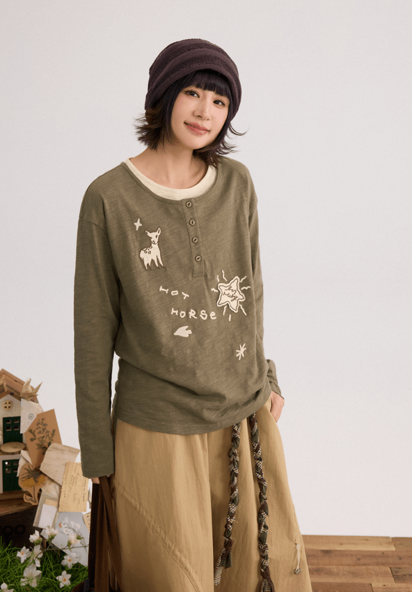 手描き刺繍 ヘンリーネックロンT N6678 - ファッション通販NNine(ナイン)