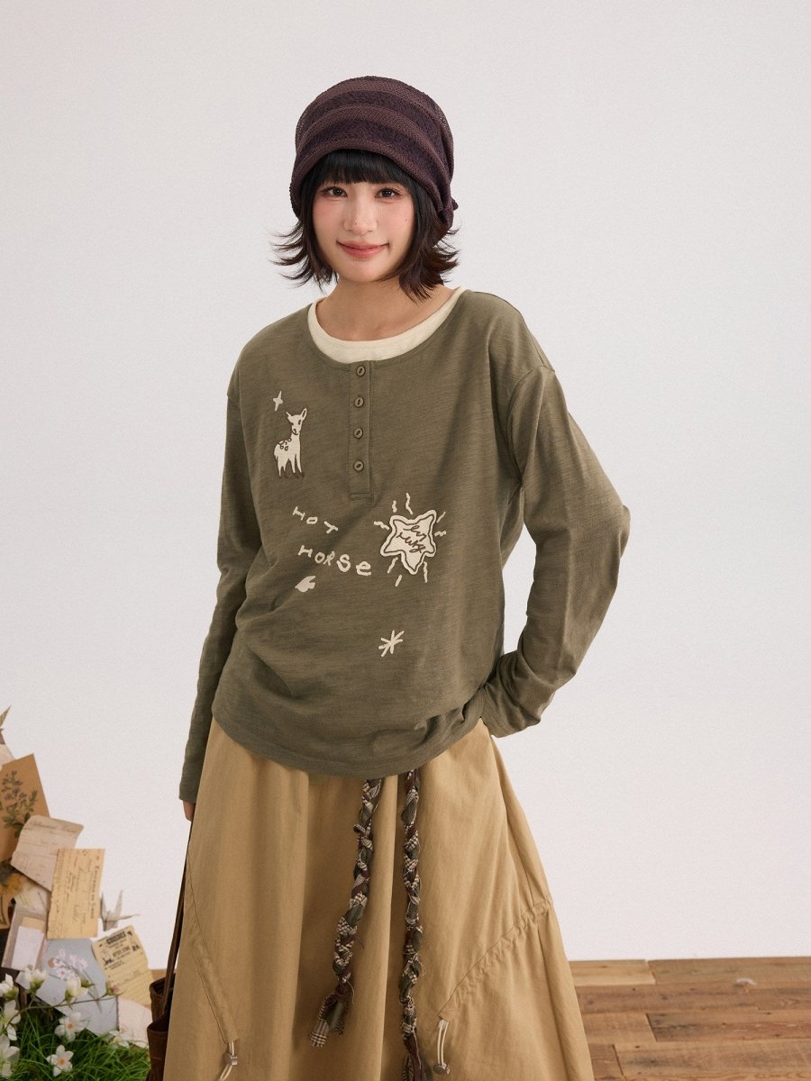 手描き刺繍 ヘンリーネックロンT N6678 - ファッション通販NNine(ナイン)