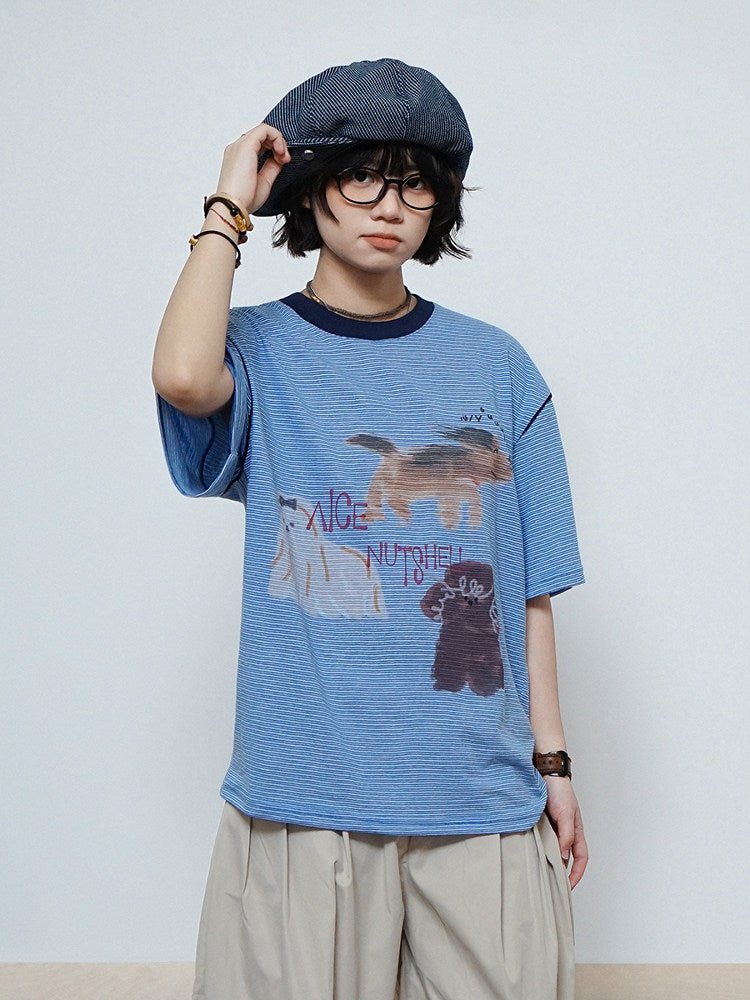 ボーダー アニマルグラフィック リンガーTシャツ N6866 - ファッション通販NNine(ナイン)