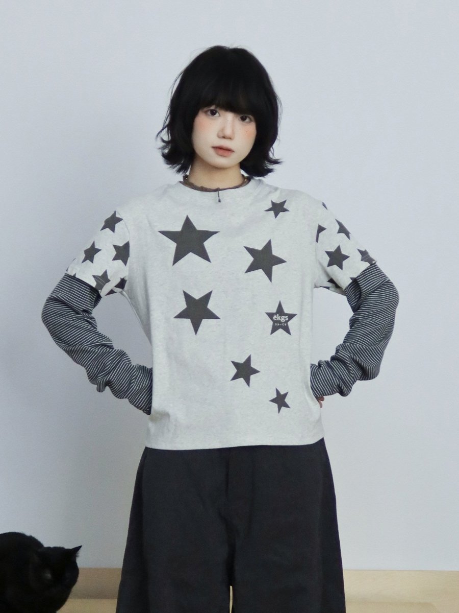 スター総柄 フェイクレイヤード ロングスリーブT N6934 - ファッション通販NNine(ナイン)