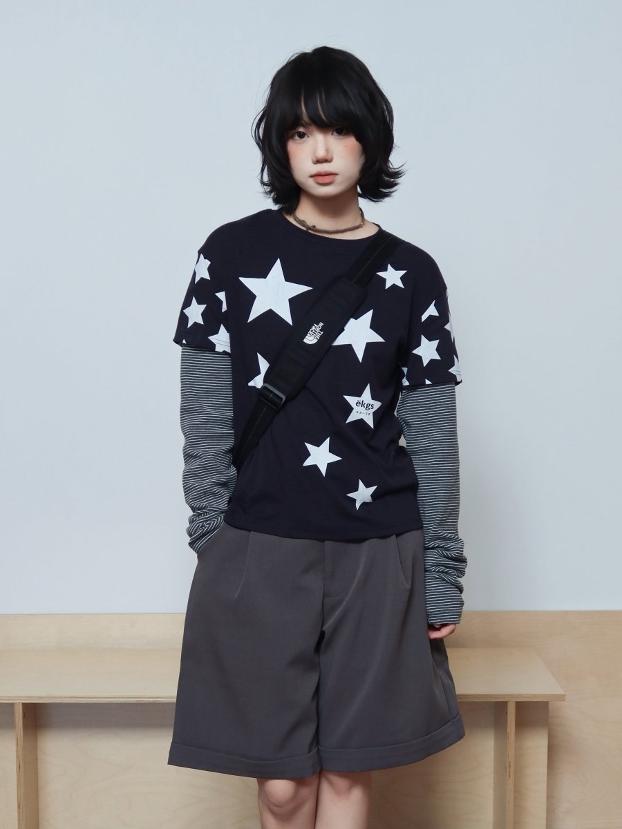 ブラック スター総柄 フェイクレイヤードT N6935 - ファッション通販NNine(ナイン)