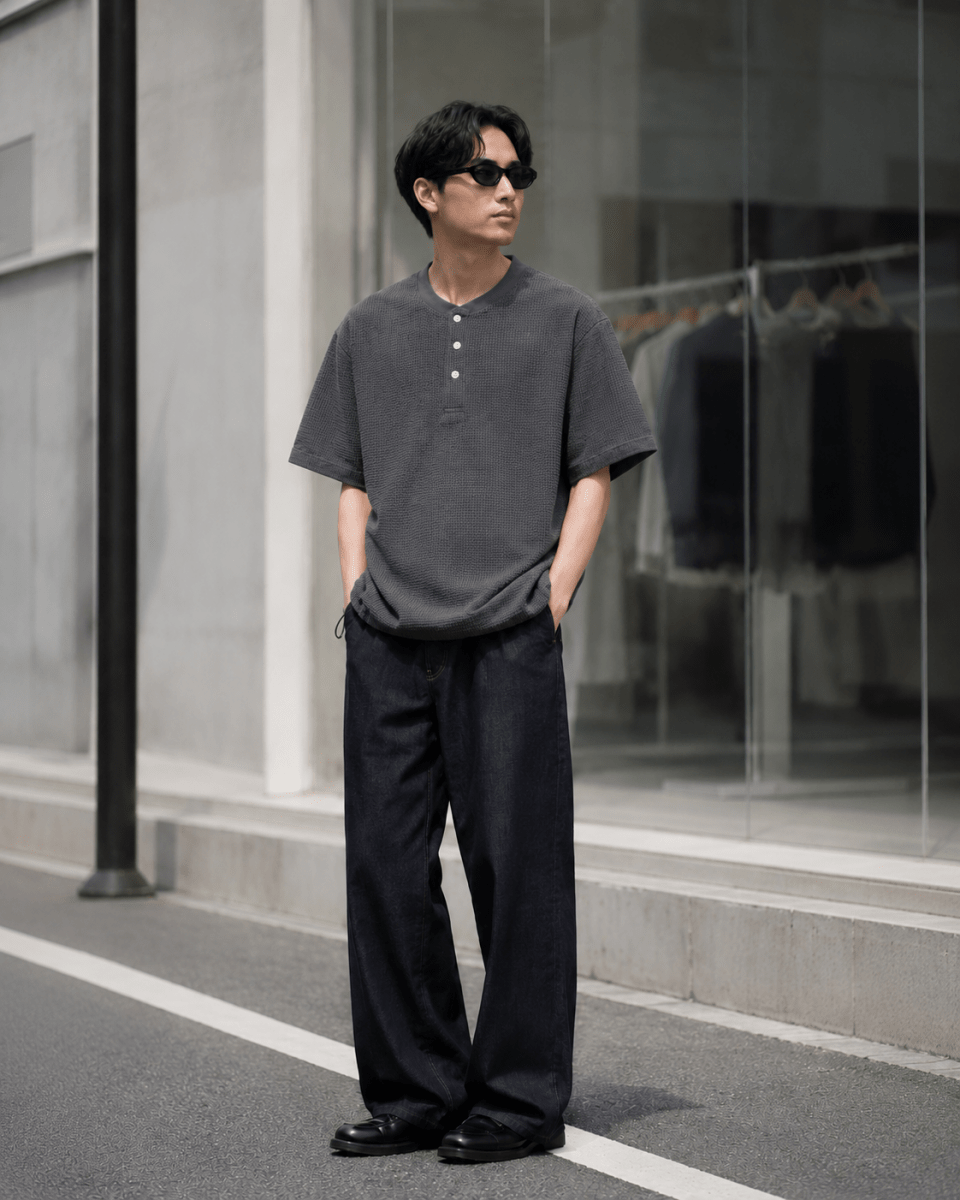 ワッフル地 ヘンリーネック 裾ドロスト Tシャツ N6981 - ファッション通販NNine(ナイン)