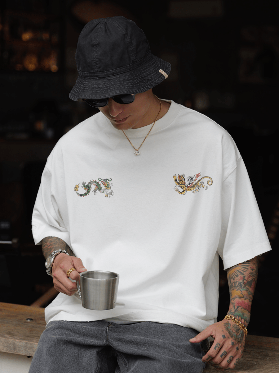 コットン龍虎プリントダメージ加工Tシャツ N7074 - ファッション通販NNine(ナイン)