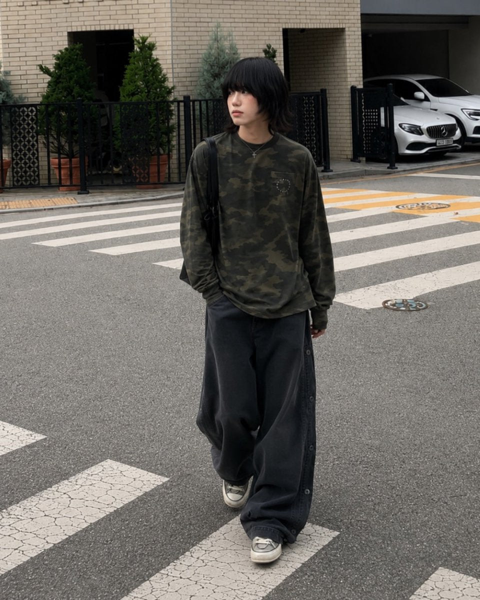 ワッフルカモフラージュ刺繍ロングTシャツ N7271 - ファッション通販NNine(ナイン)