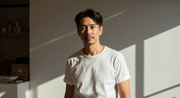 おしゃれなセレクトショップで上質な白Tシャツを着こなす40代男性モデル。人気のメンズTシャツブランドを紹介する記事のアイキャッチ画像。