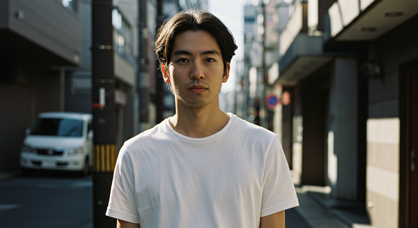 白Tシャツの透け対策。おしゃれな男性が街中で自信を持って白Tシャツを着こなしている。