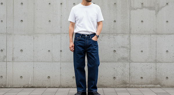 太めジーンズをスタイリッシュに着こなす40代の男性モデル